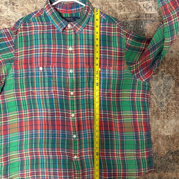 Ralph Lauren Polo Mens Red/Green Plaid Linen Twill Button-Front Shirt XXL/2XL - Picture 8 of 9